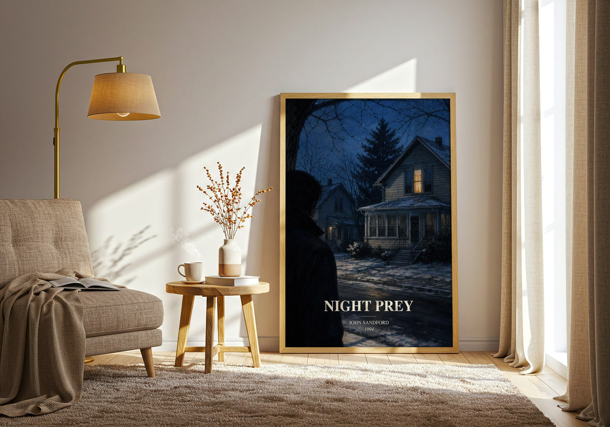 Night Prey watercolour print in frame leaning in hallway – crime wall art (mockup)