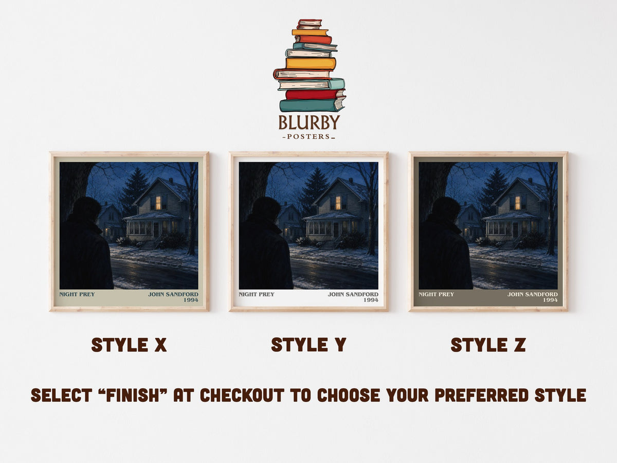 Night Prey literary print in frame leaning in hallway – crime wall art (mockup)