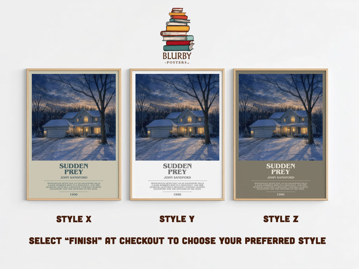 Sudden Prey bookish print in frame leaning in hallway – thriller wall art (mockup)