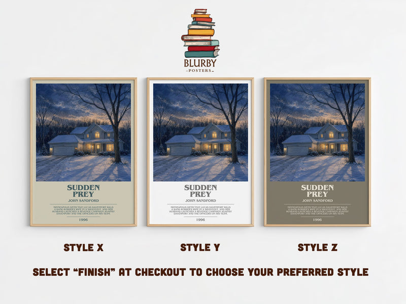 Sudden Prey bookish print in frame leaning in hallway – thriller wall art