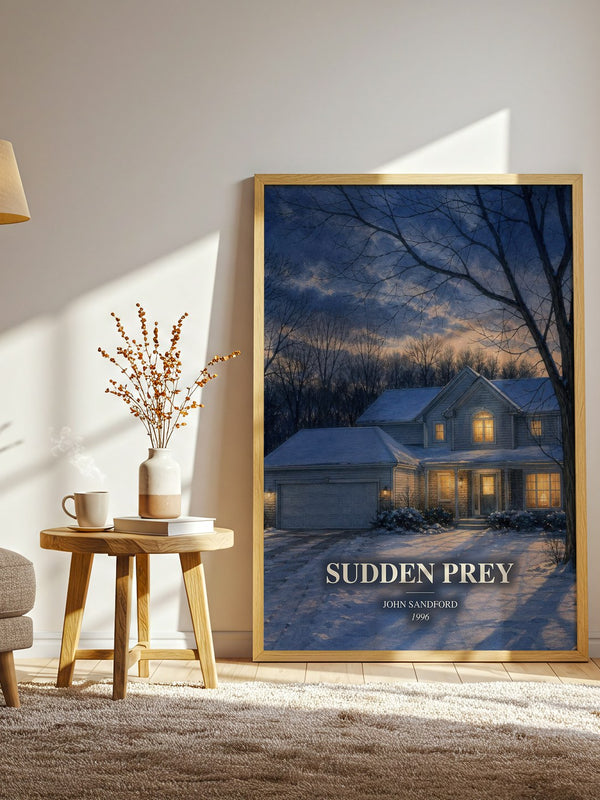Sudden Prey watercolour print in frame leaning in hallway – thriller wall art