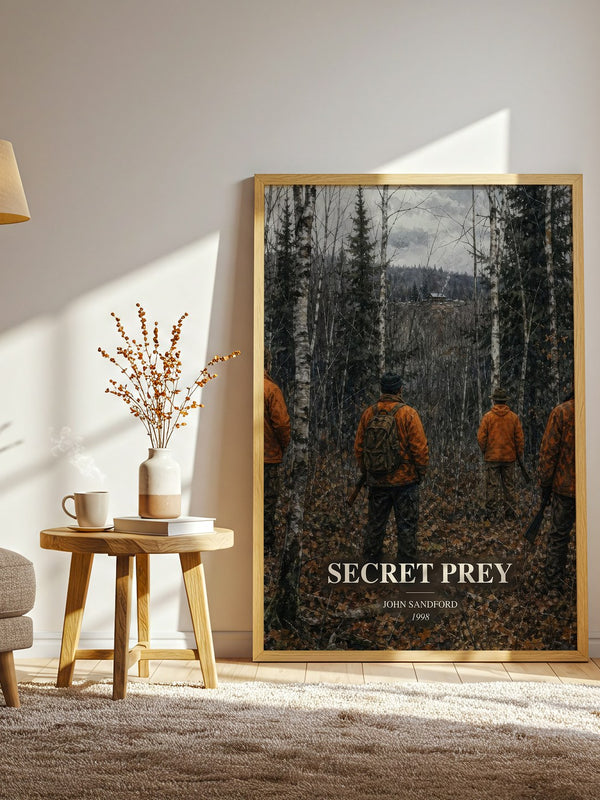 Secret Prey watercolour print in frame leaning in hallway – crime wall art