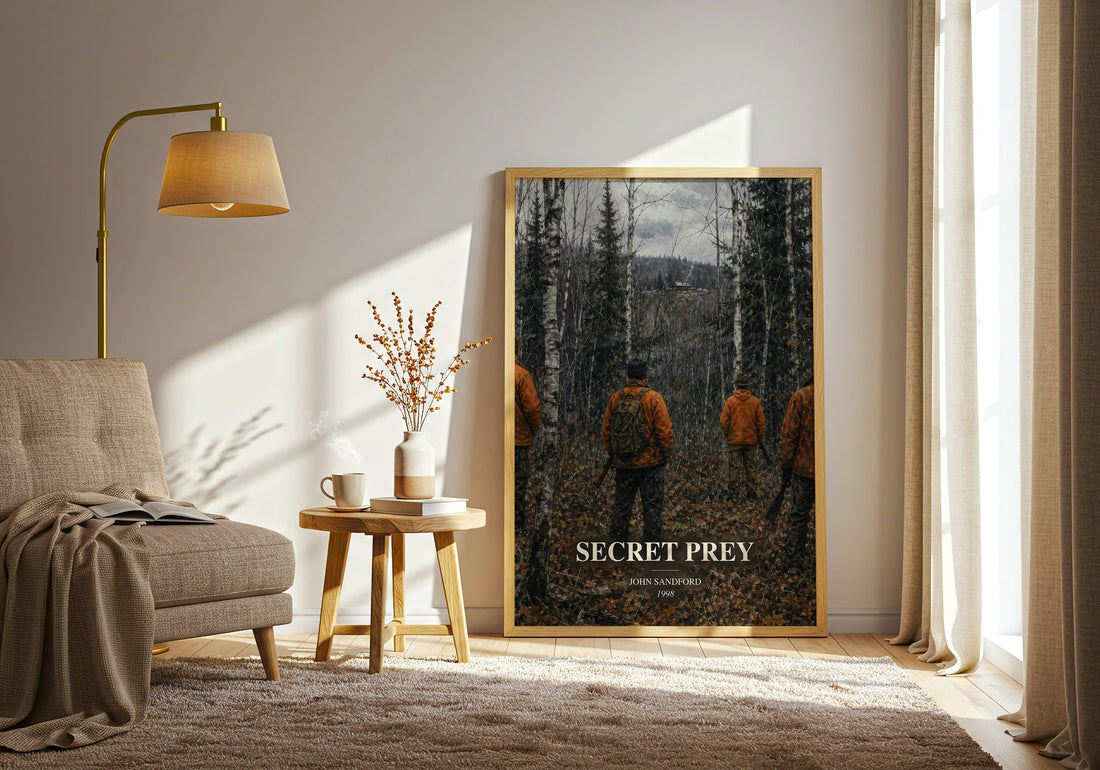 Secret Prey watercolour print in frame leaning in hallway – crime wall art (mockup)