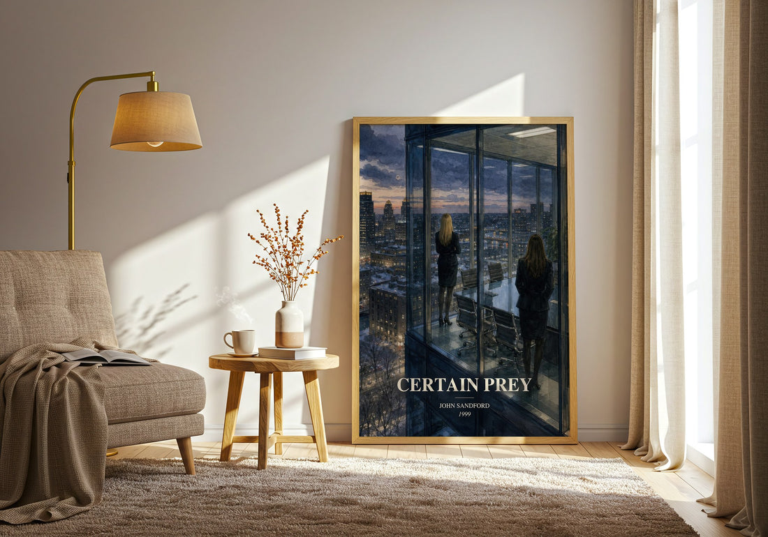 Certain Prey watercolour print in frame leaning in hallway – crime wall art (mockup)