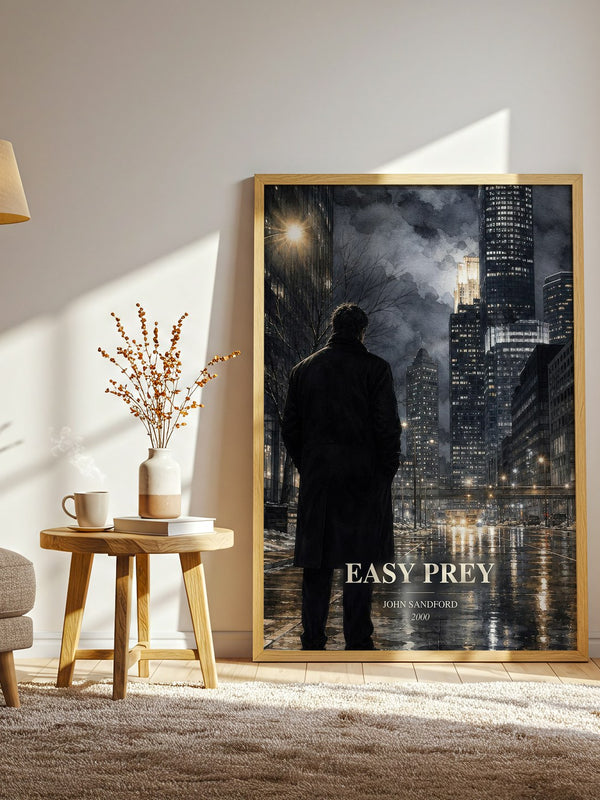 Easy Prey watercolour print in frame leaning in hallway – crime wall art