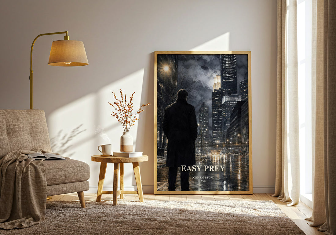 Easy Prey watercolour print in frame leaning in hallway – crime wall art (mockup)
