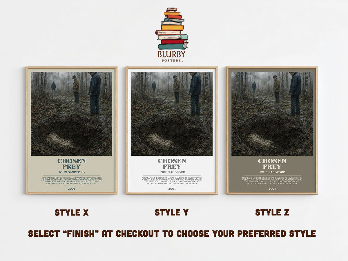 Chosen Prey bookish print in frame leaning in hallway – thriller wall art (mockup)
