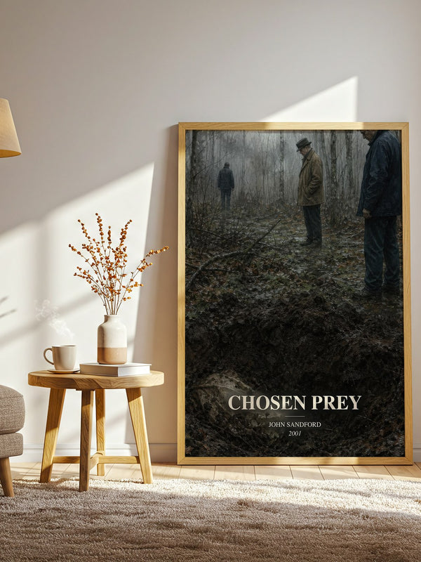 Chosen Prey watercolour print in frame leaning in hallway – thriller wall art