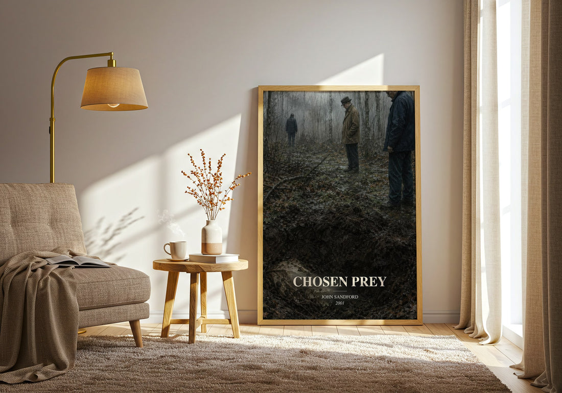 Chosen Prey watercolour print in frame leaning in hallway – thriller wall art (mockup)