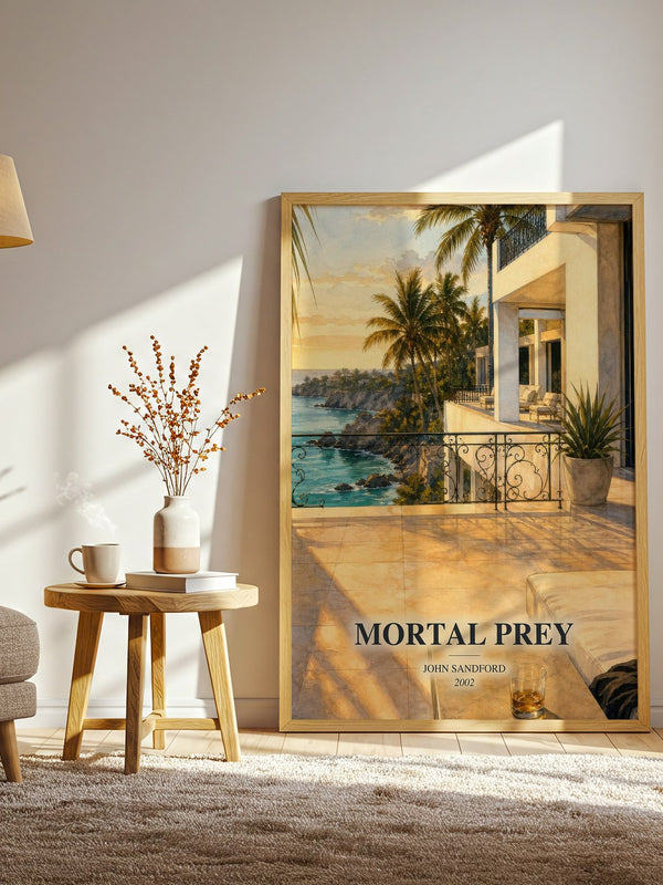 Mortal Prey watercolour print in frame leaning in hallway – thriller wall art