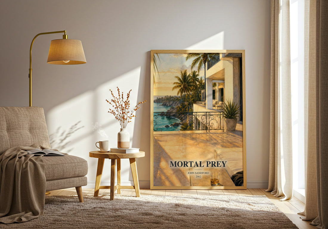 Mortal Prey watercolour print in frame leaning in hallway – thriller wall art (mockup)