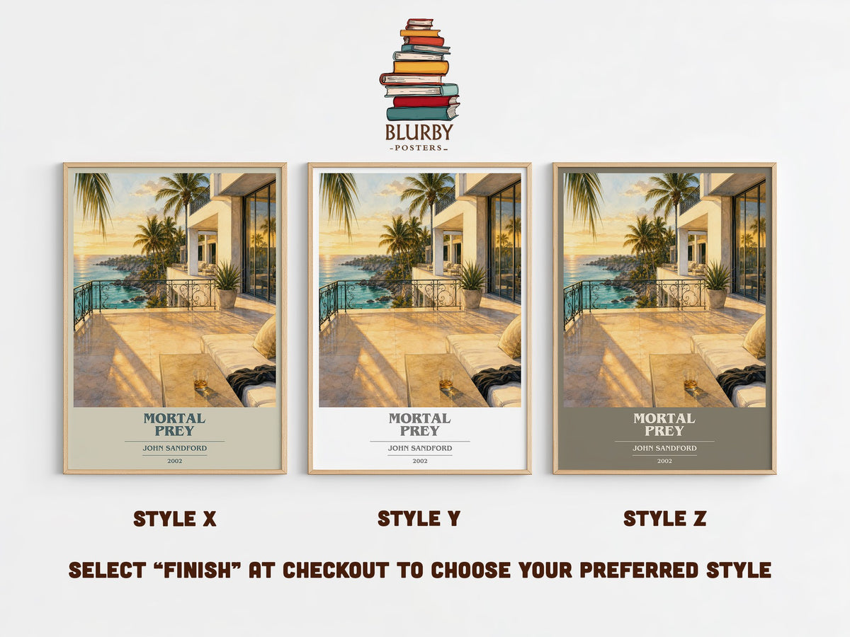 Mortal Prey book cover print in frame leaning in hallway – thriller wall art (mockup)