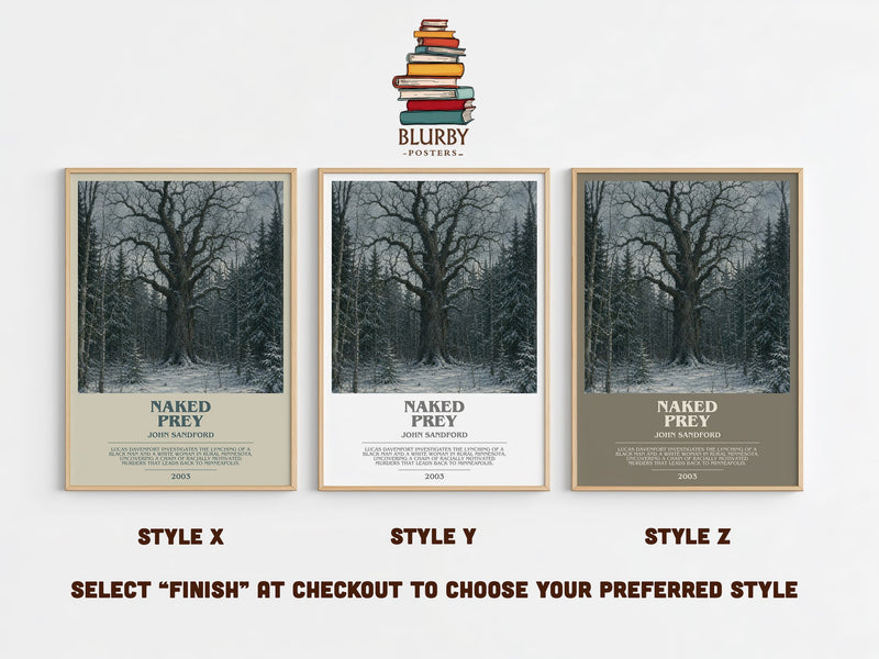 Naked Prey bookish print in frame leaning in hallway – crime wall art