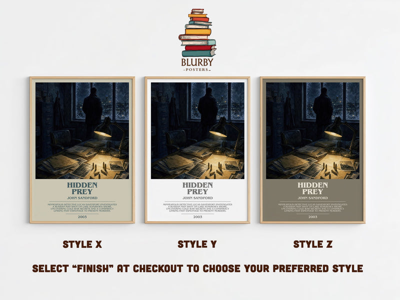 Hidden Prey bookish print in frame leaning in hallway – crime wall art