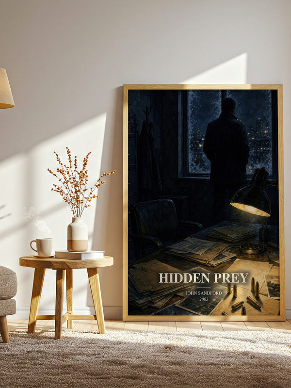 Hidden Prey watercolour print in frame leaning in hallway – crime wall art