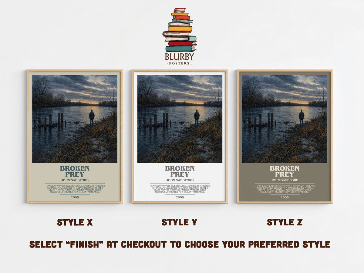 Broken Prey bookish print in frame leaning in hallway – thriller wall art (mockup)