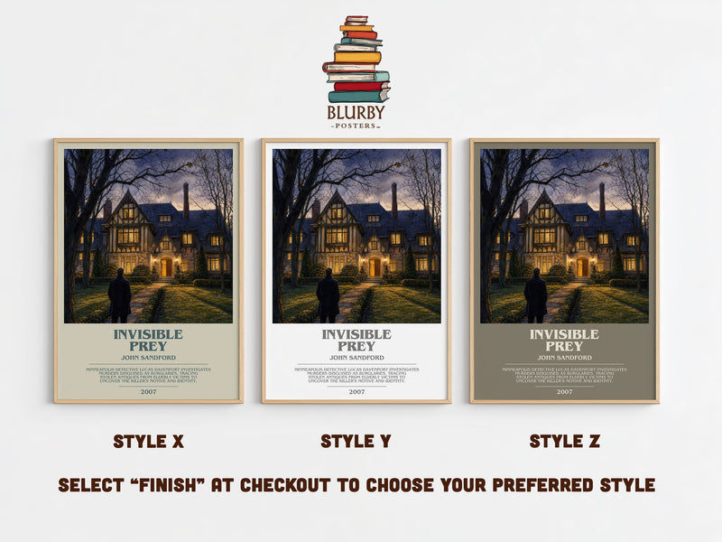 Invisible Prey bookish print in frame leaning in hallway – crime wall art
