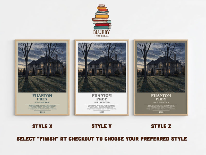 Phantom Prey bookish print in frame leaning in hallway – crime wall art