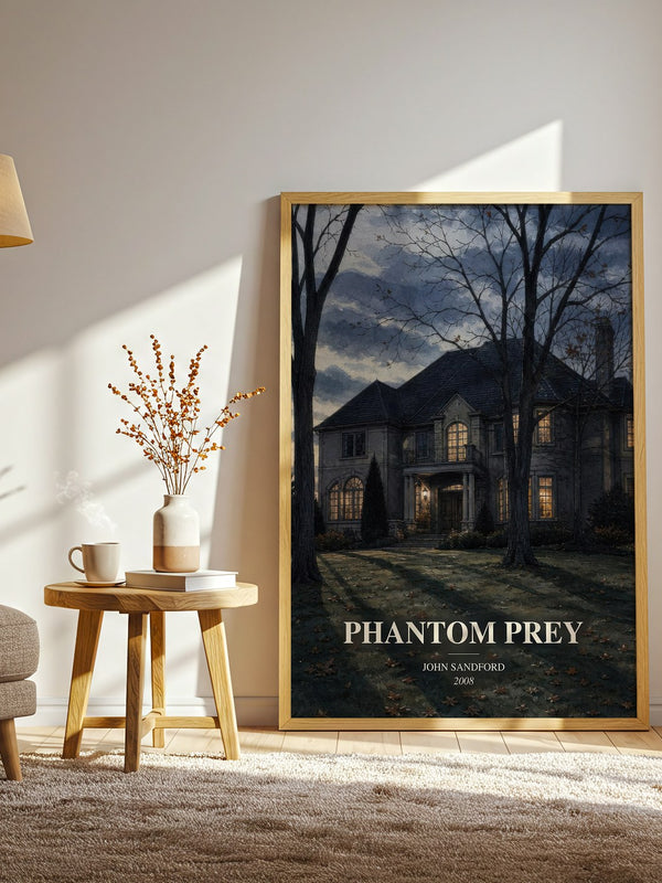 Phantom Prey watercolour print in frame leaning in hallway – crime wall art