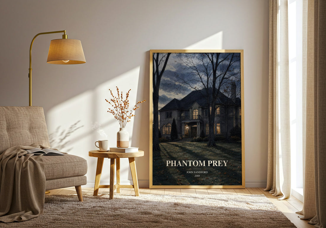 Phantom Prey watercolour print in frame leaning in hallway – crime wall art (mockup)