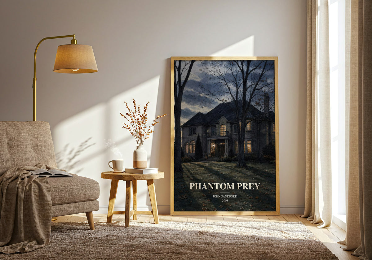 Phantom Prey watercolour print in frame leaning in hallway – crime wall art (mockup)