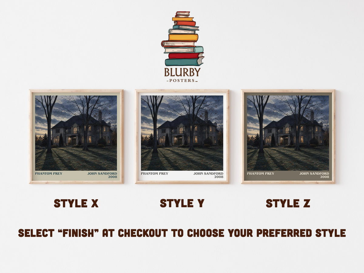 Phantom Prey literary print in frame leaning in hallway – crime wall art (mockup)