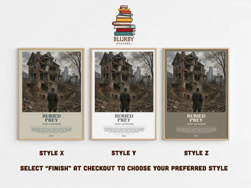 Buried Prey bookish print in frame leaning in hallway – crime wall art