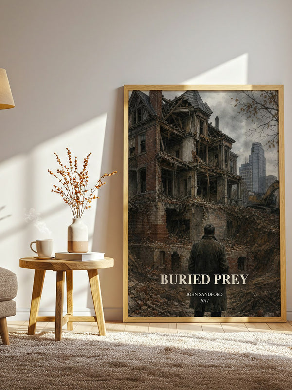 Buried Prey watercolour print in frame leaning in hallway – crime wall art