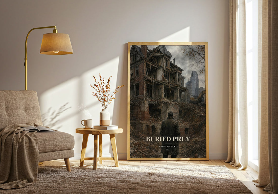 Buried Prey watercolour print in frame leaning in hallway – crime wall art (mockup)