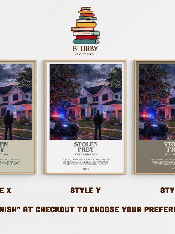 Stolen Prey bookish print in frame leaning in hallway – crime wall art