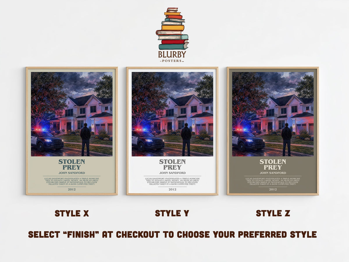 Stolen Prey bookish print in frame leaning in hallway – crime wall art (mockup)