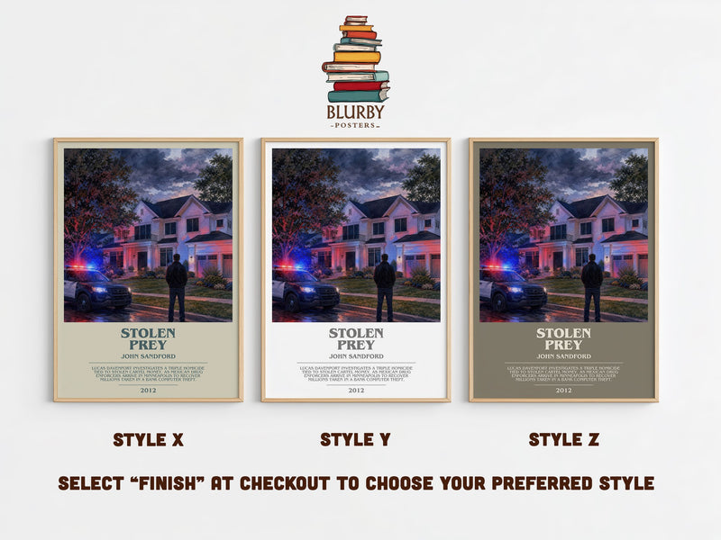 Stolen Prey bookish print in frame leaning in hallway – crime wall art