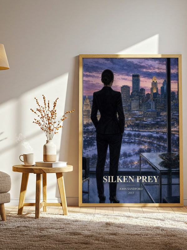 Silken Prey watercolour print in frame leaning in hallway – crime wall art