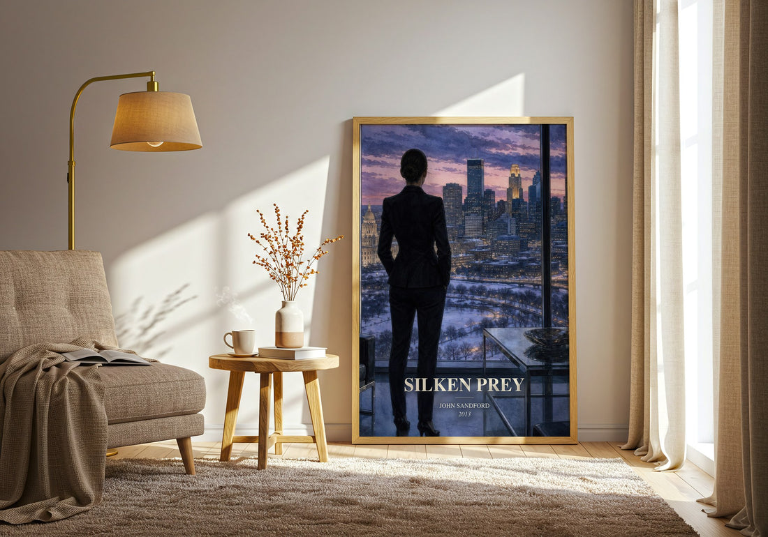Silken Prey watercolour print in frame leaning in hallway – crime wall art (mockup)