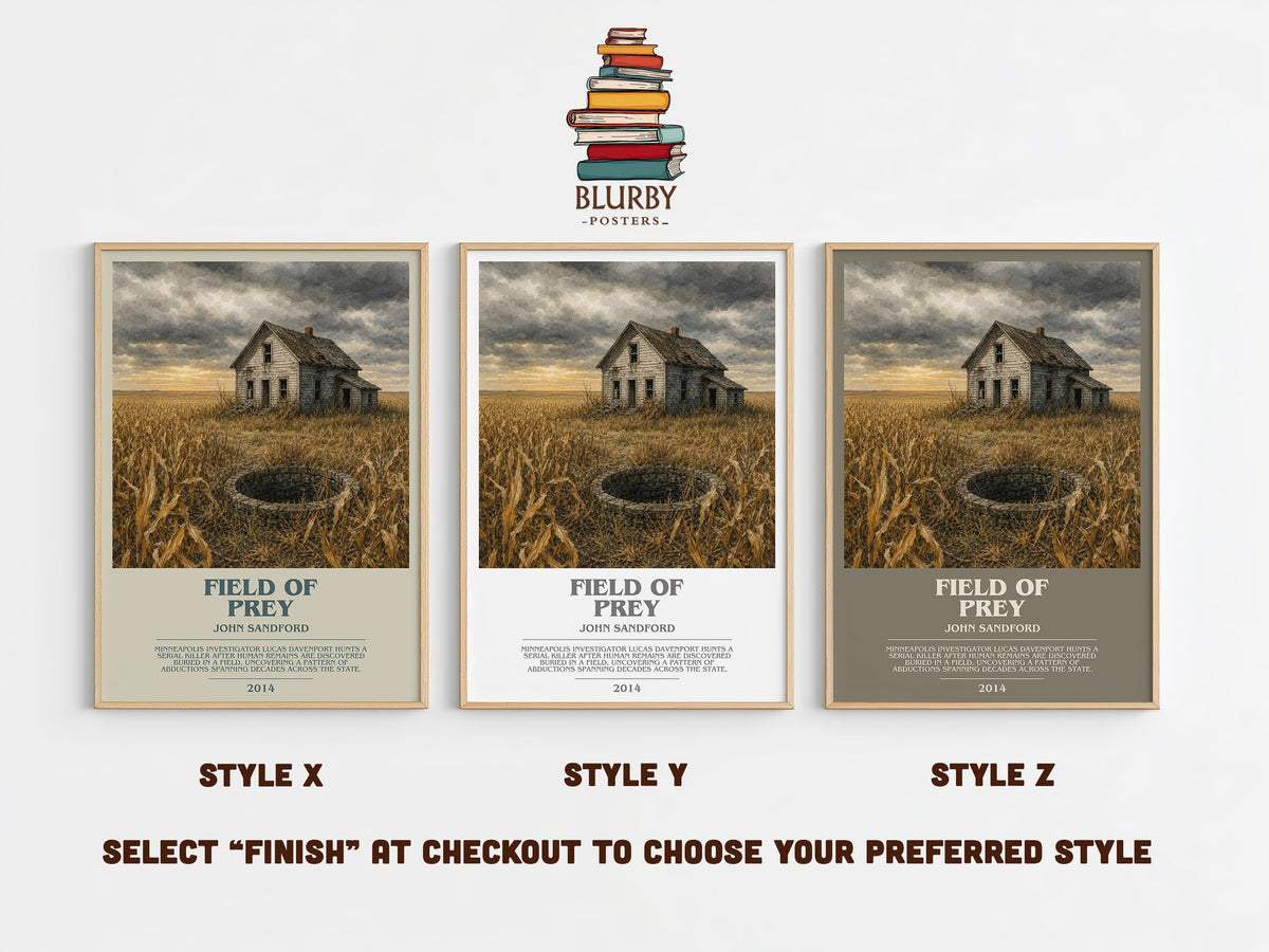 Field of Prey bookish print in frame leaning in hallway – crime wall art (mockup)