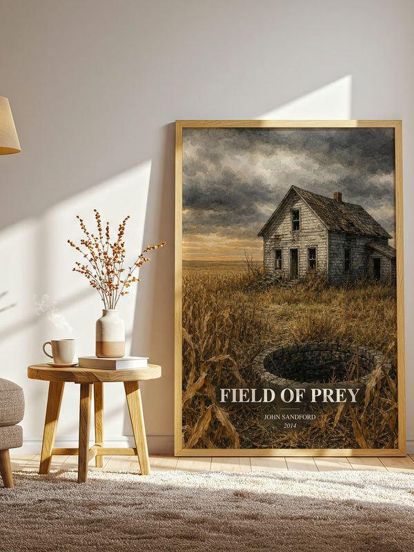 Field of Prey watercolour print in frame leaning in hallway – crime wall art