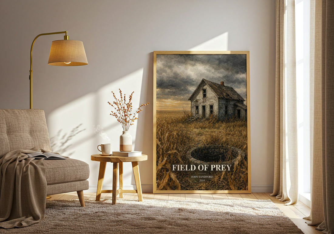 Field of Prey watercolour print in frame leaning in hallway – crime wall art (mockup)
