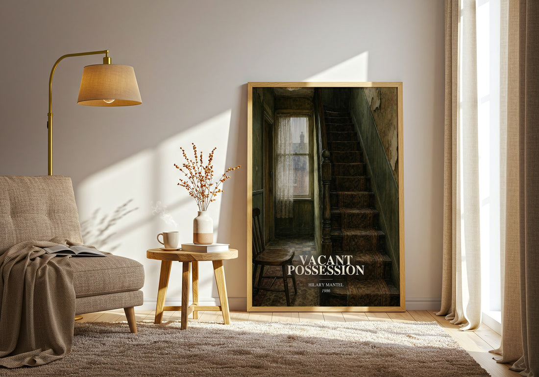 Vacant Possession watercolour print in frame leaning in hallway – literary fiction wall art (mockup)