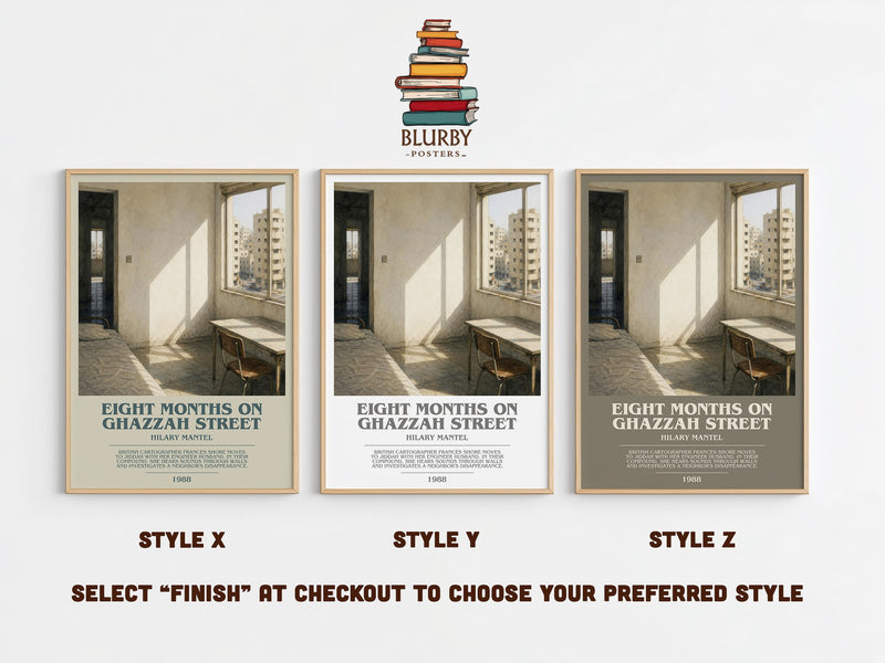 Eight Months on Ghazzah Street bookish print in frame leaning in hallway – thriller wall art