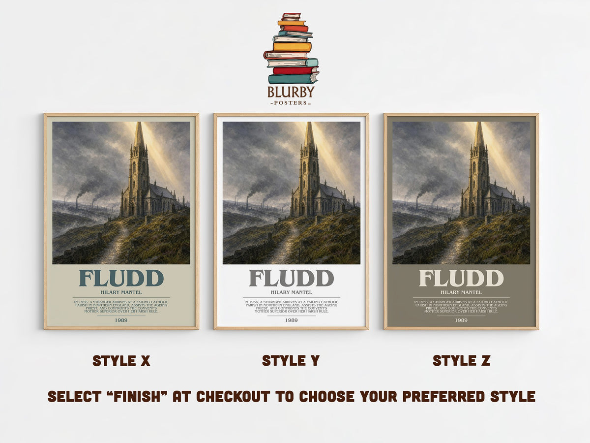 Fludd bookish print in frame leaning in hallway – literary fiction wall art (mockup)