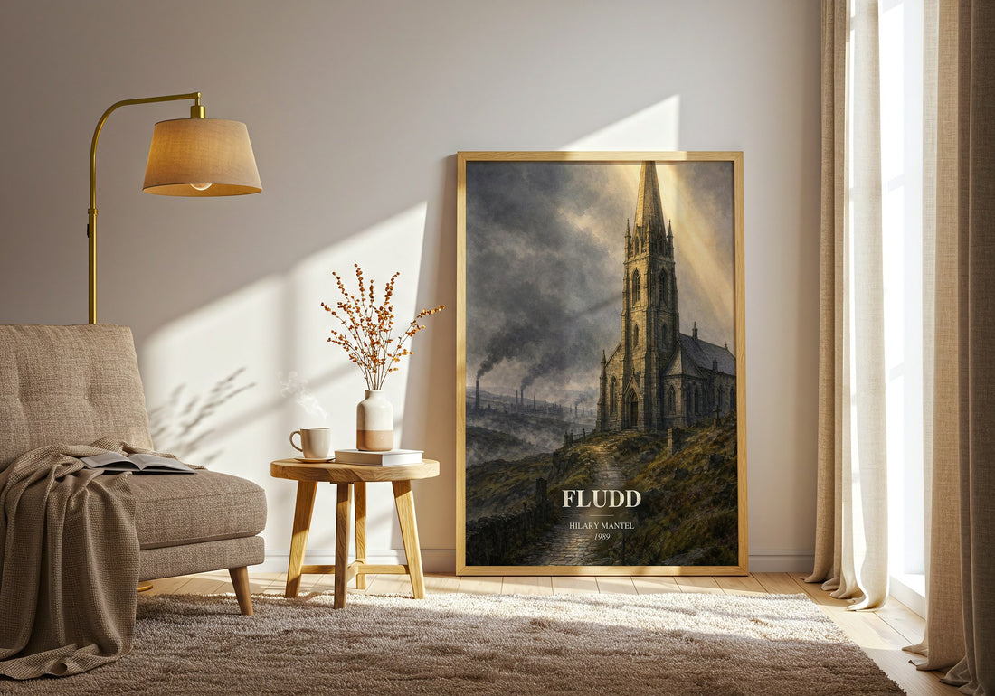 Fludd watercolour print in frame leaning in hallway – literary fiction wall art (mockup)