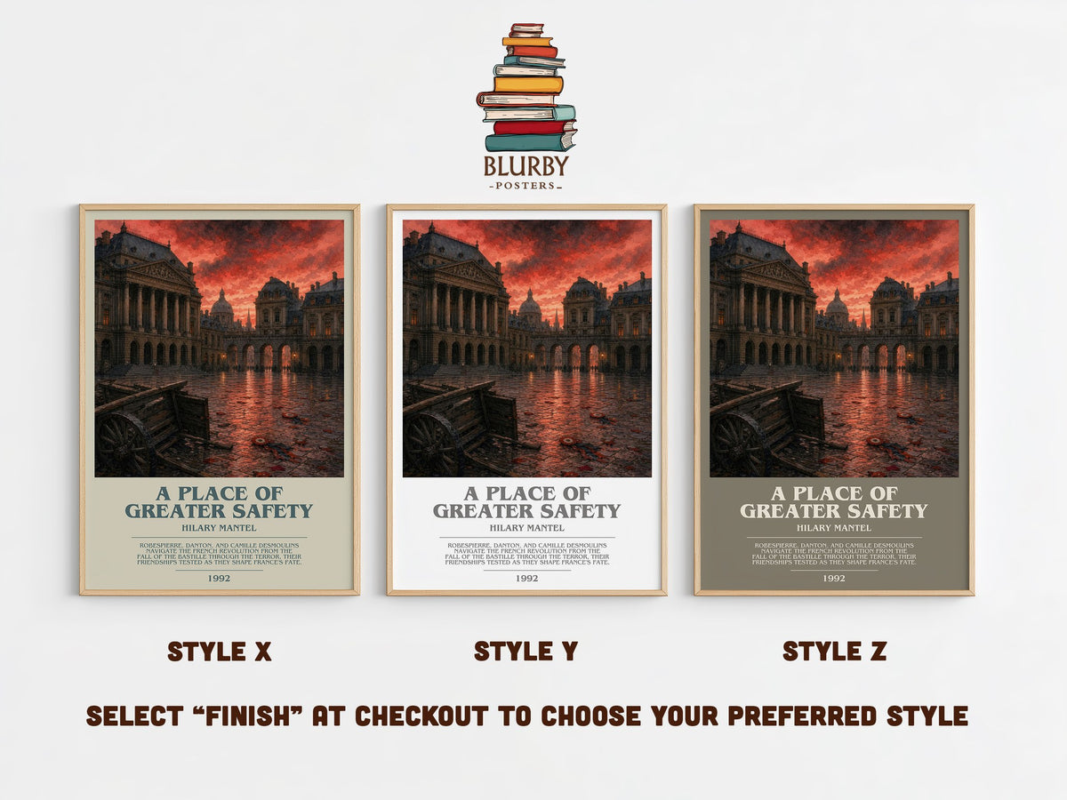 A Place of Greater Safety bookish print in frame leaning in hallway – historical fiction wall art (mockup)
