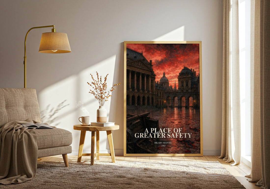 A Place of Greater Safety watercolour print in frame leaning in hallway – historical fiction wall art (mockup)