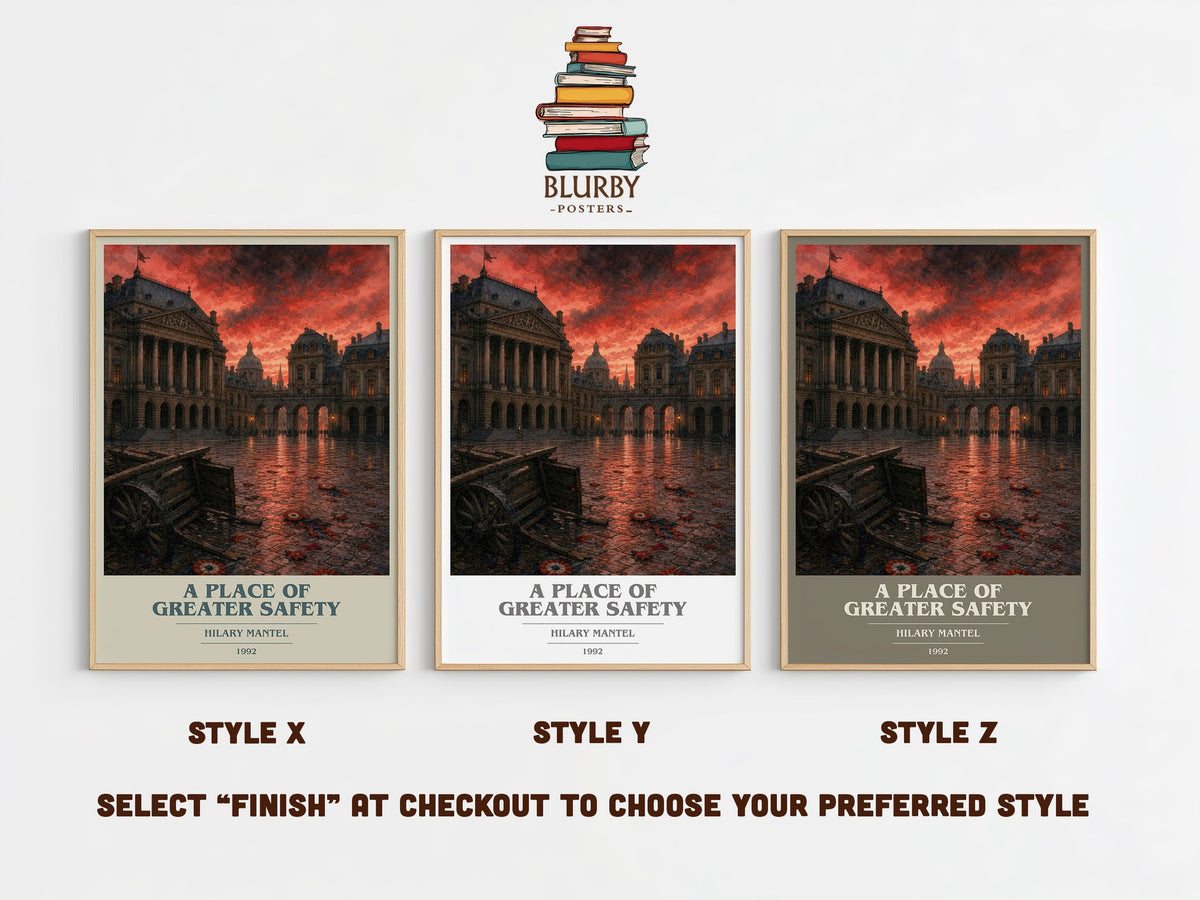A Place of Greater Safety book cover print in frame leaning in hallway – historical fiction wall art (mockup)