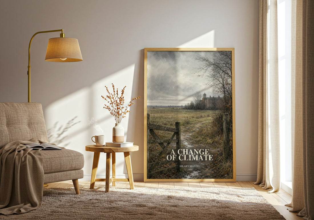 A Change of Climate watercolour print in frame leaning in hallway – literary fiction wall art (mockup)