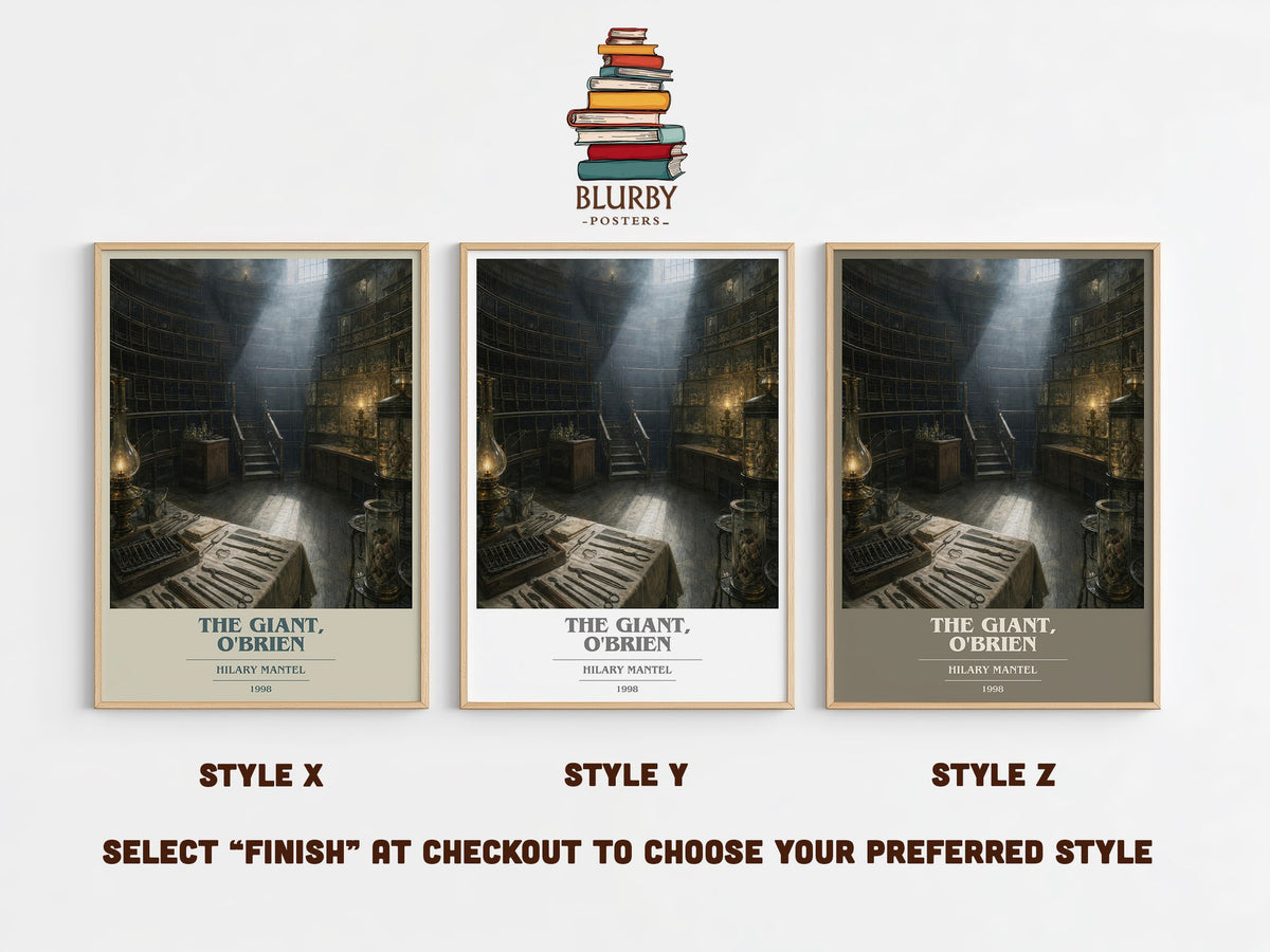 The Giant, O'Brien book cover print in frame leaning in hallway – historical fiction wall art (mockup)