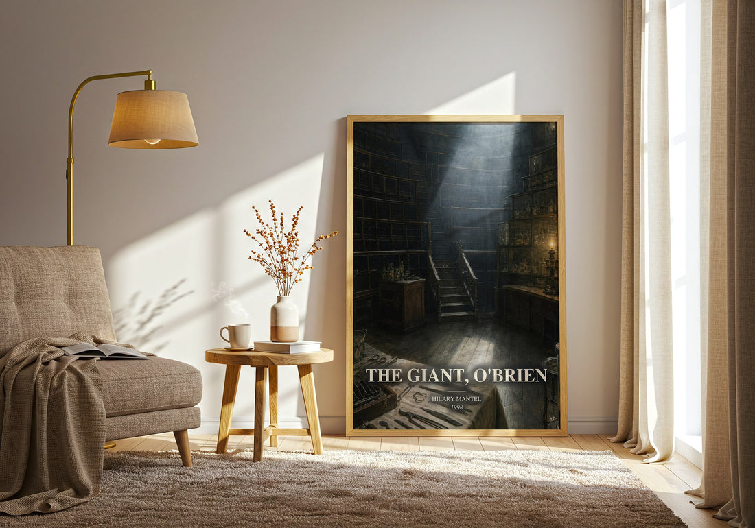 The Giant, O'Brien watercolour print in frame leaning in hallway – historical fiction wall art (mockup)