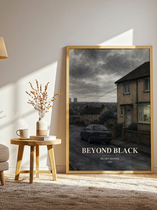 Beyond Black watercolour print in frame leaning in hallway – contemporary fiction wall art