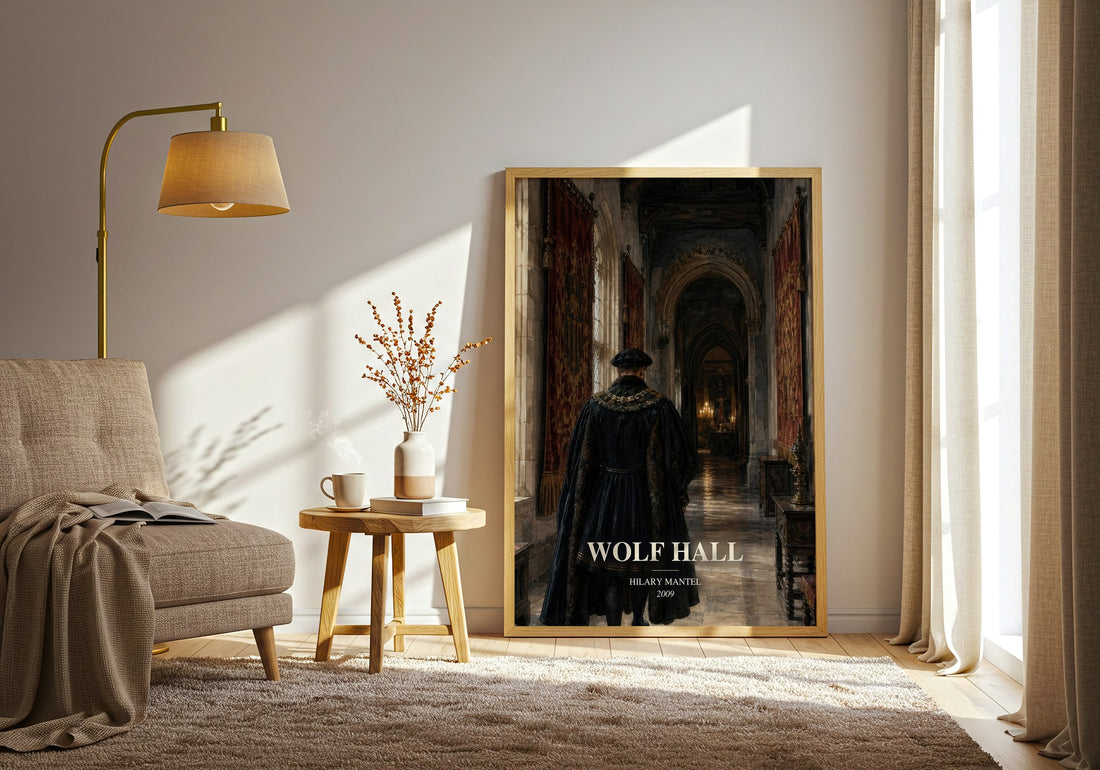 Wolf Hall watercolour print in frame leaning in hallway – historical fiction wall art (mockup)