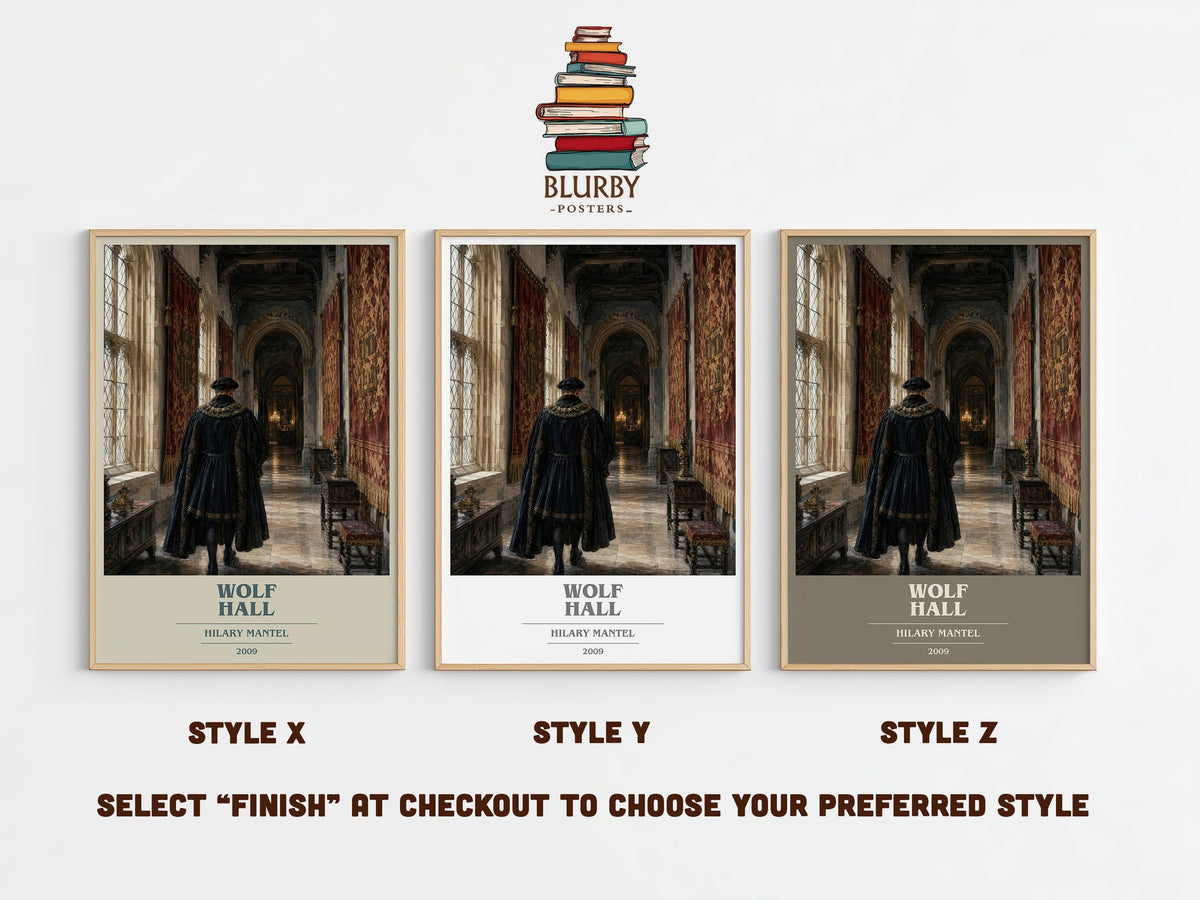 Wolf Hall book cover print in frame leaning in hallway – historical fiction wall art (mockup)